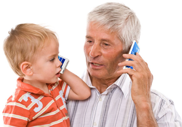 grandfather and child using a KISA phone